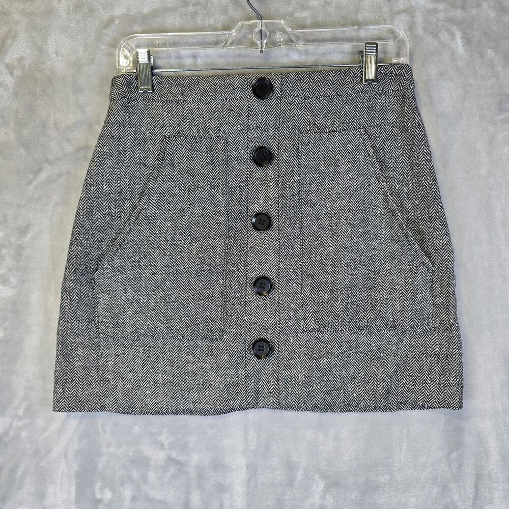 Papermoon Pencil Mini Skirt Medium Black Gray Herringbone Pockets Wool Blend